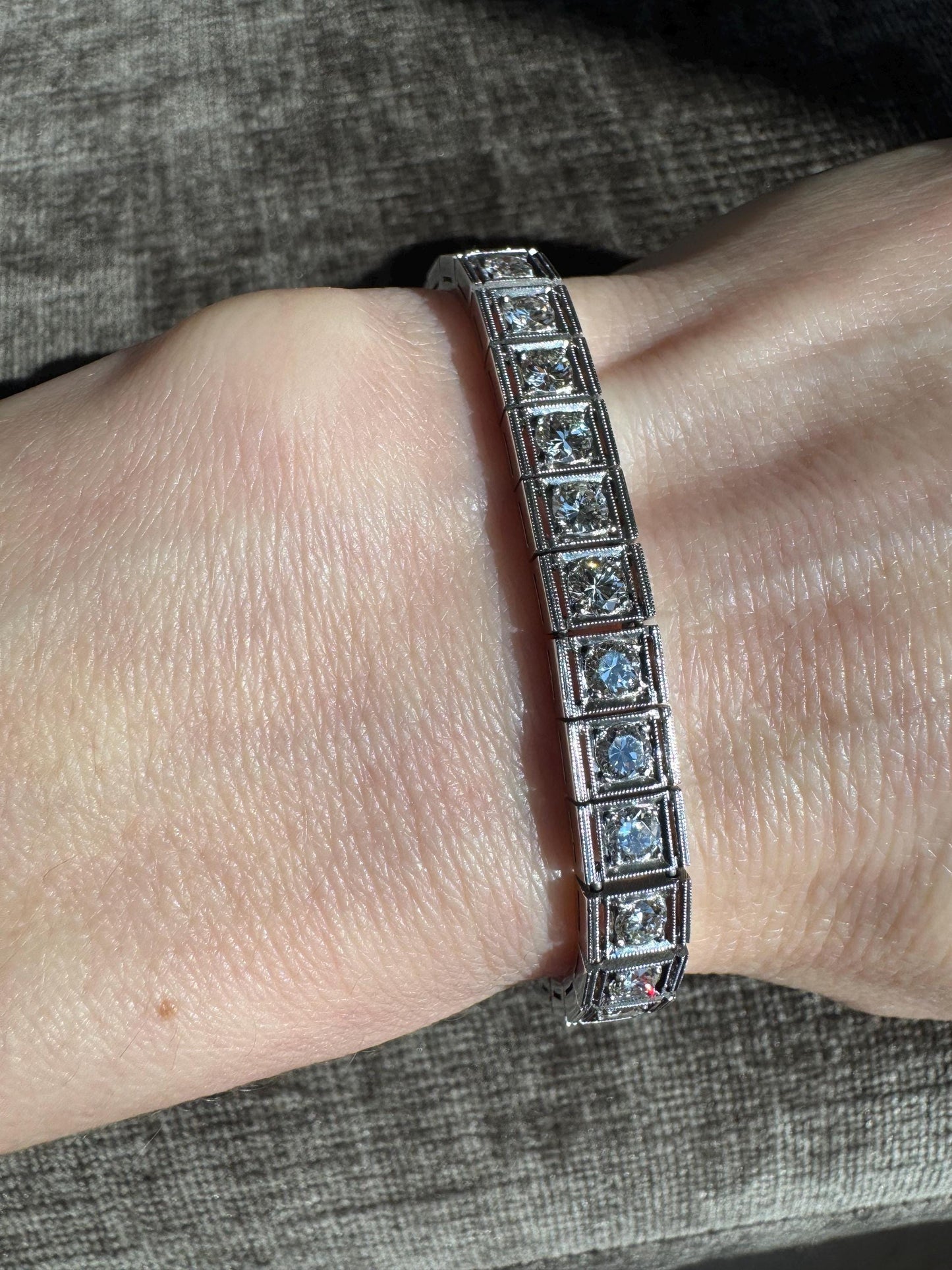 Art Deco Platinum Diamond Line Bracelet 6.60 CTW | Vintage Estate G VS1 Milgrain Edging