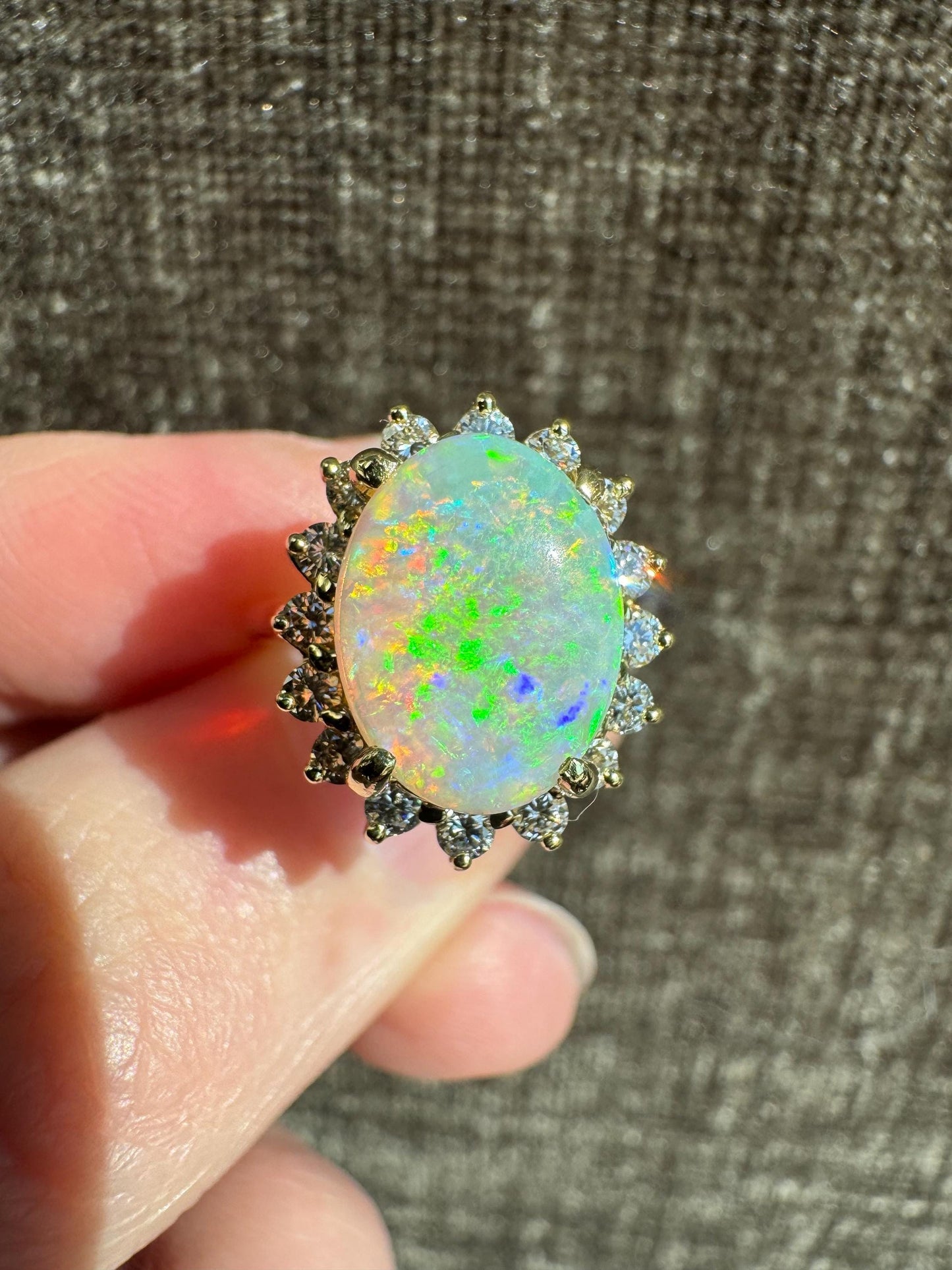 Natural Australian Fire Opal Diamond 18k Yellow Gold Halo Estate Ring
