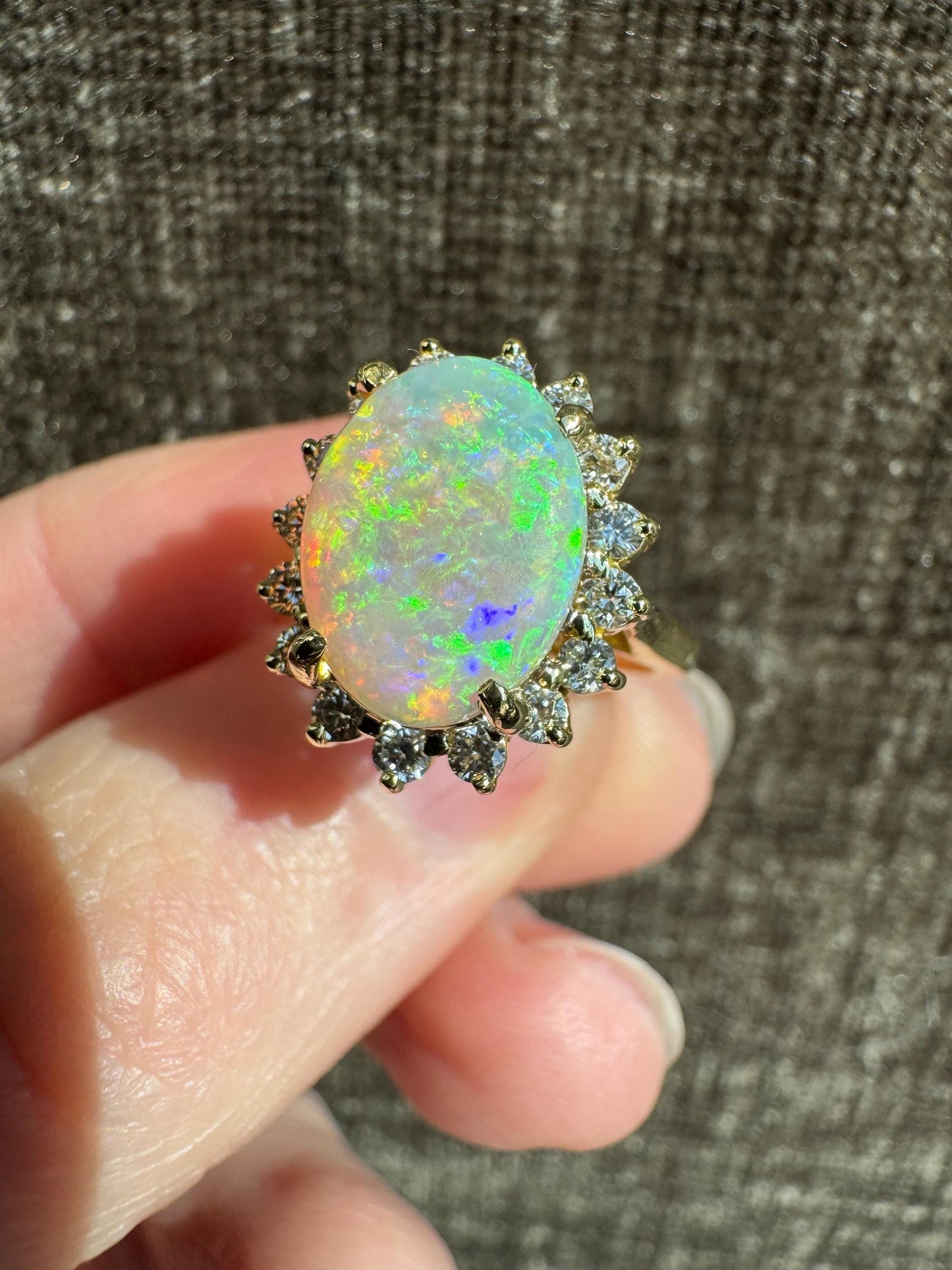 Natural Australian Fire Opal Diamond 18k Yellow Gold Halo Estate Ring