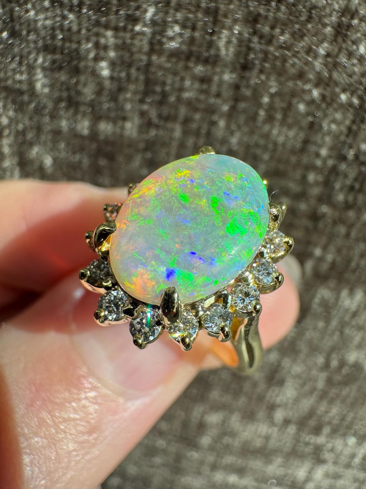 Natural Australian Fire Opal Diamond 18k Yellow Gold Halo Estate Ring