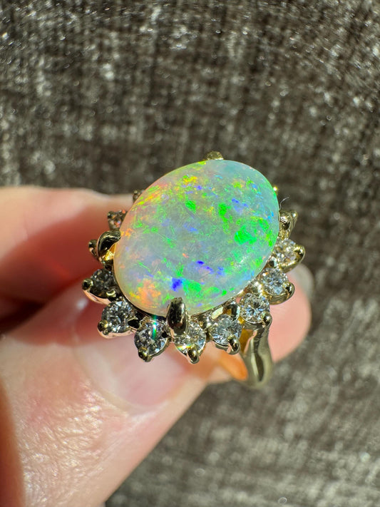 Natural Australian Fire Opal Diamond 18k Yellow Gold Halo Estate Ring