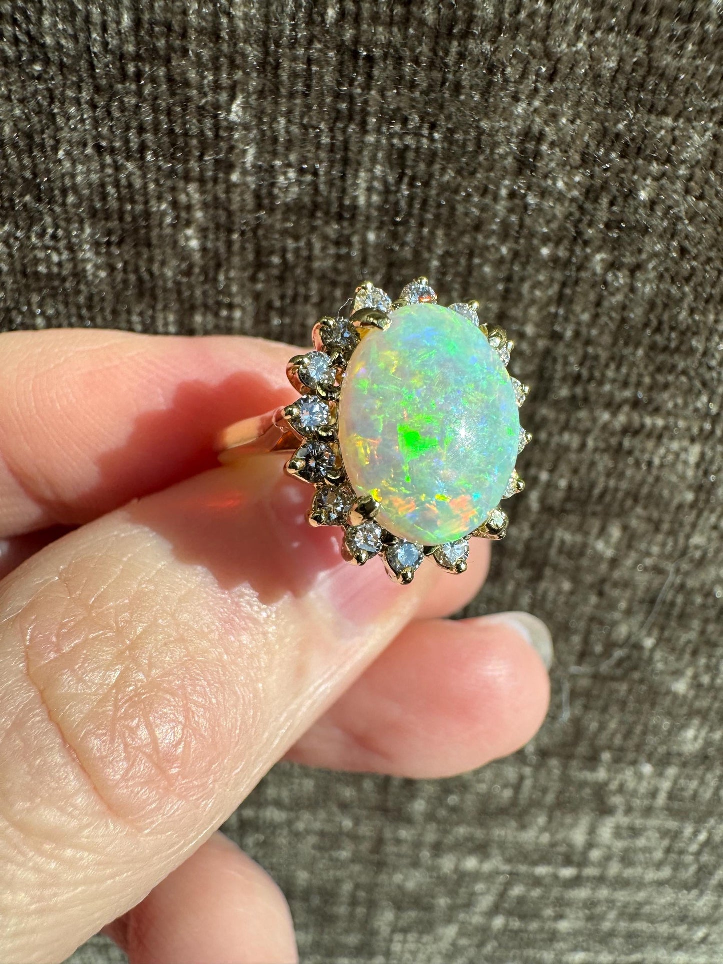 Natural Australian Fire Opal Diamond 18k Yellow Gold Halo Estate Ring