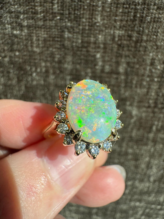 Natural Australian Fire Opal Diamond 18k Yellow Gold Halo Estate Ring