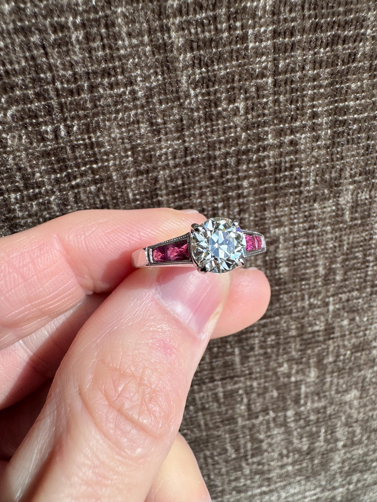18k White Gold Art Deco Style Old Mine Cut Diamond & Ruby Ring