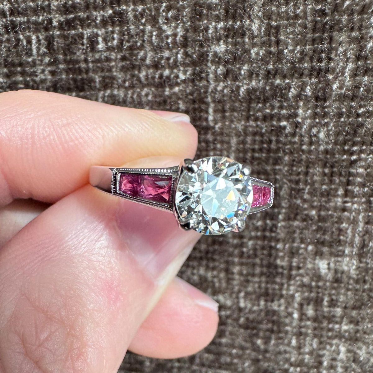 18k White Gold Art Deco Style Old Mine Cut Diamond & Ruby Ring