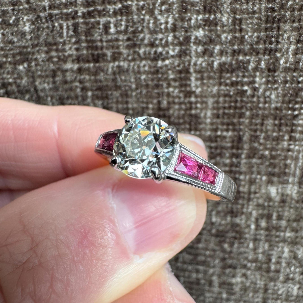 18k White Gold Art Deco Style Old Mine Cut Diamond & Ruby Ring