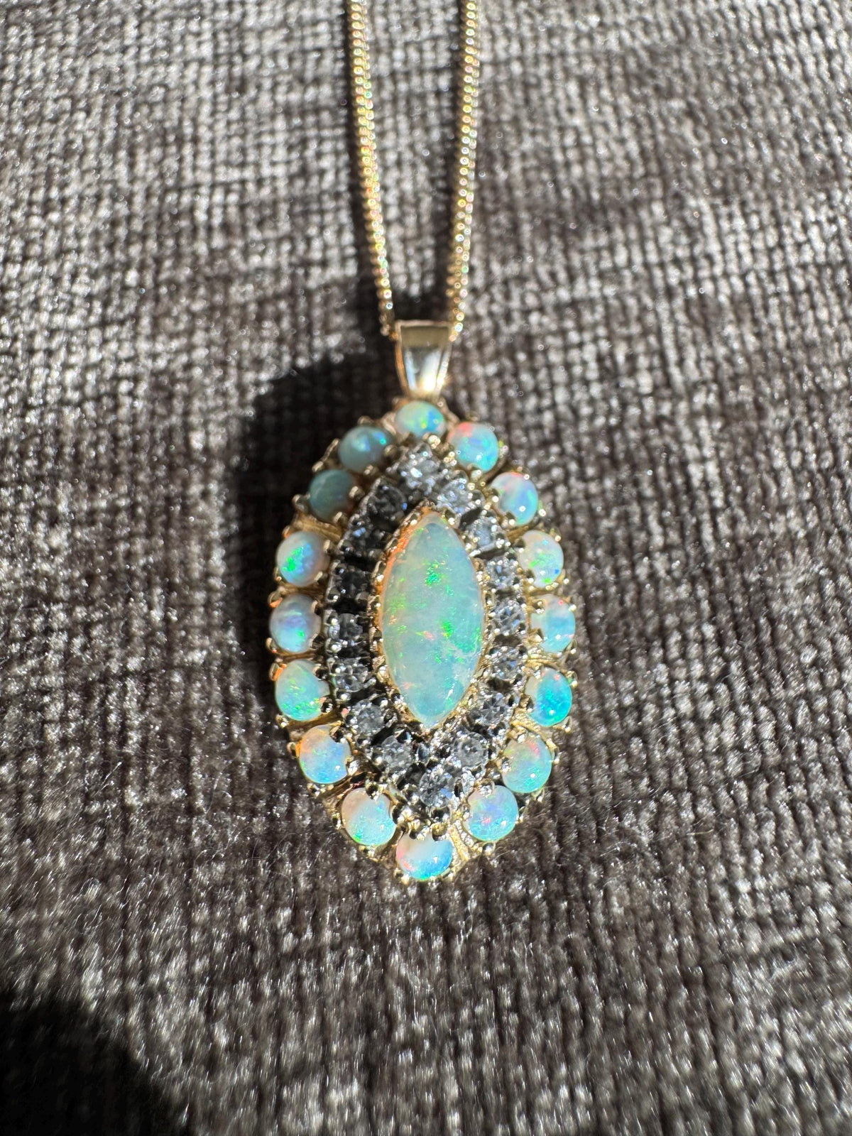 Vintage Australian Opal & Old Cut Diamond Cluster Pendant Necklace 14k Yellow and White Gold