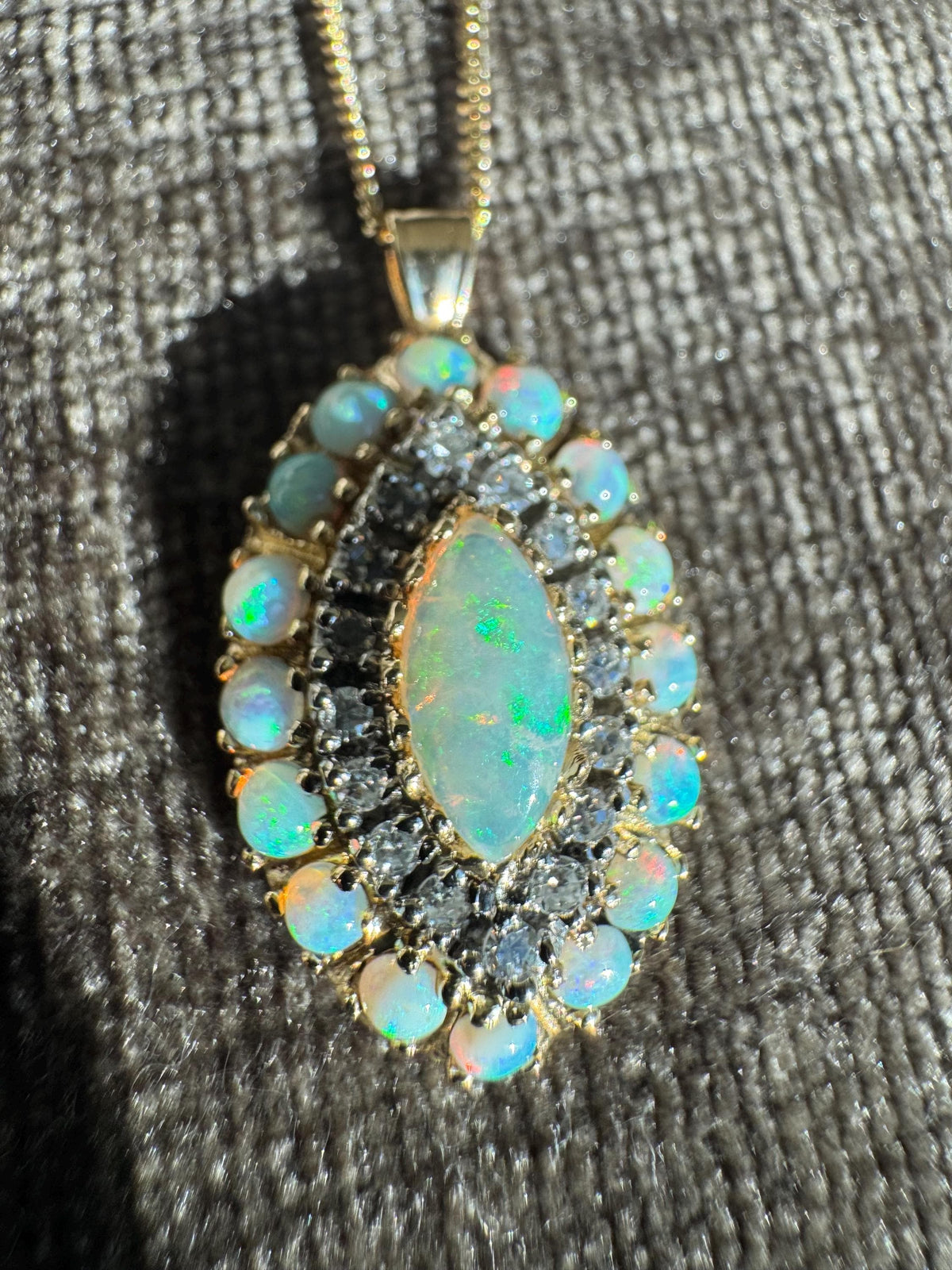 Vintage Australian Opal & Old Cut Diamond Cluster Pendant Necklace 14k Yellow and White Gold