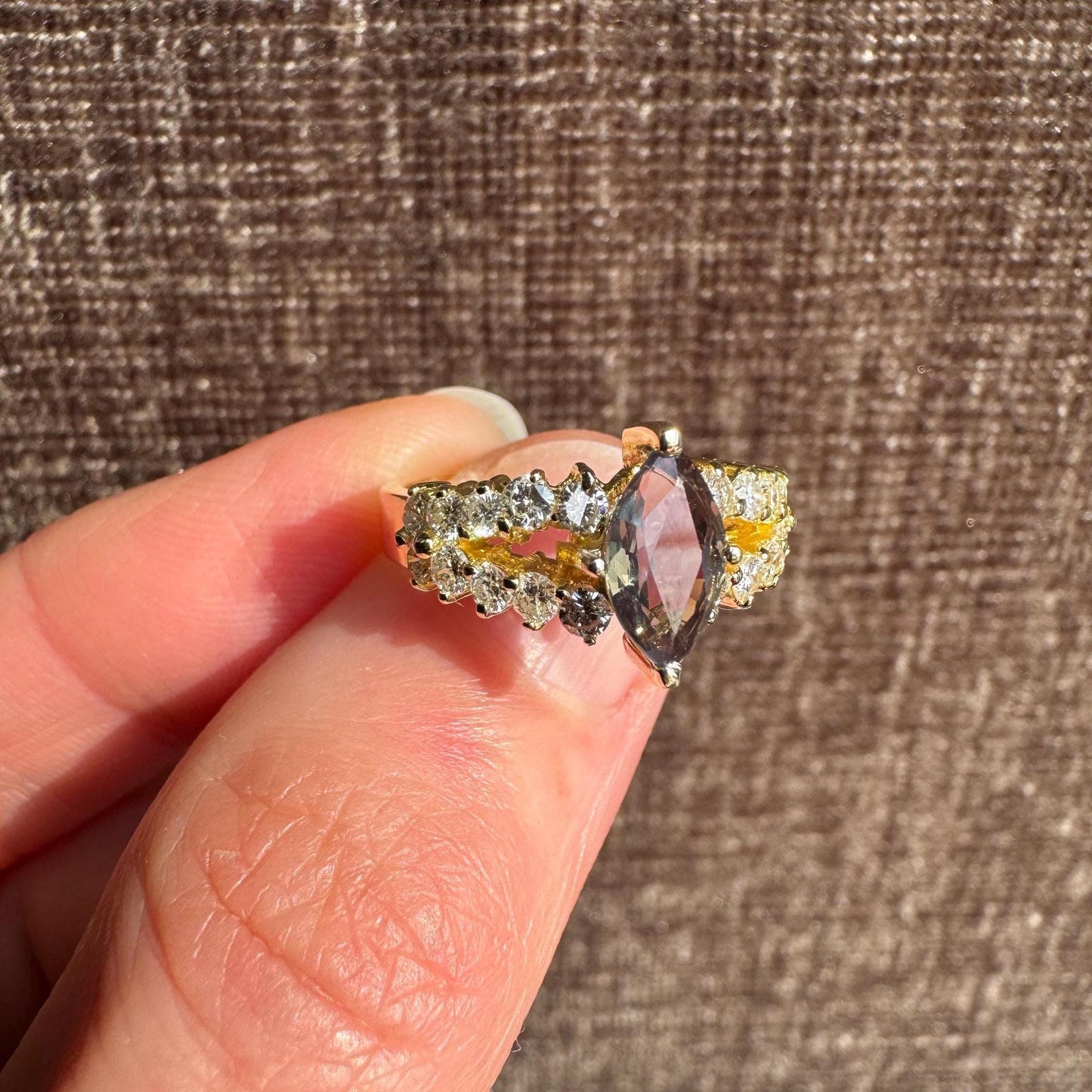18k Yellow Gold Natural Color Changing Alexandrite Ring with Diamonds