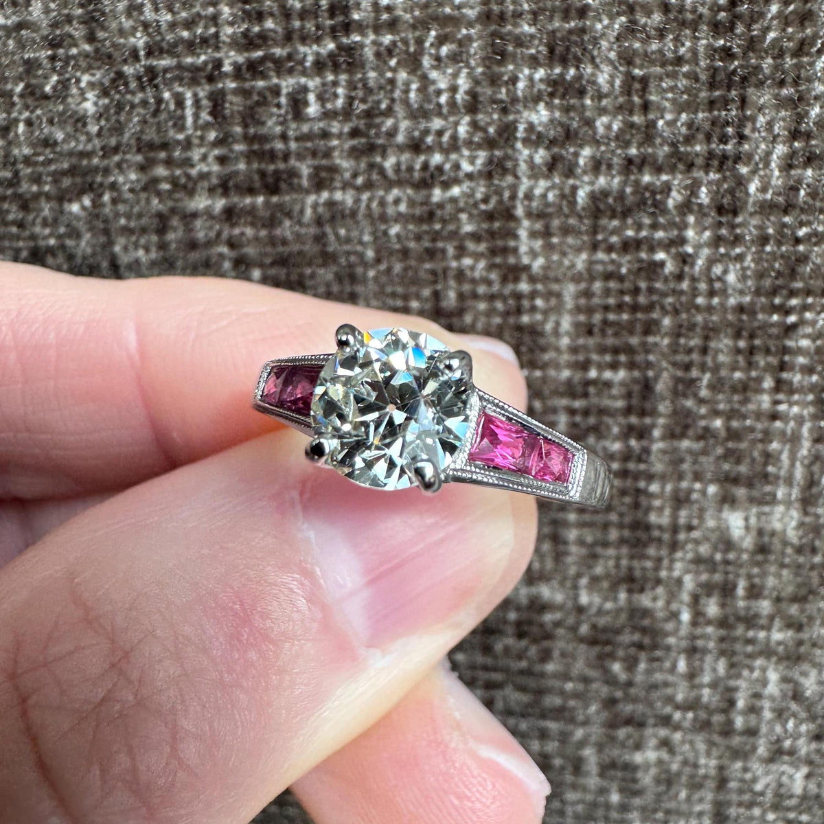 18k White Gold Art Deco Style Old Mine Cut Diamond & Ruby Ring
