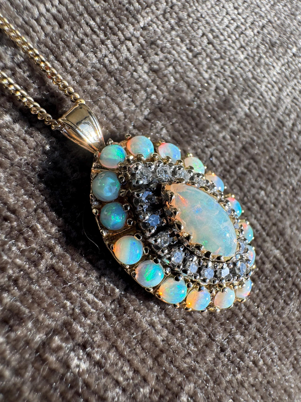 Vintage Australian Opal & Old Cut Diamond Cluster Pendant Necklace 14k Yellow and White Gold