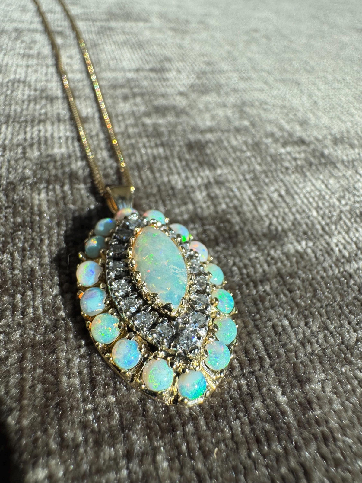 Vintage Australian Opal & Old Cut Diamond Cluster Pendant Necklace 14k Yellow and White Gold