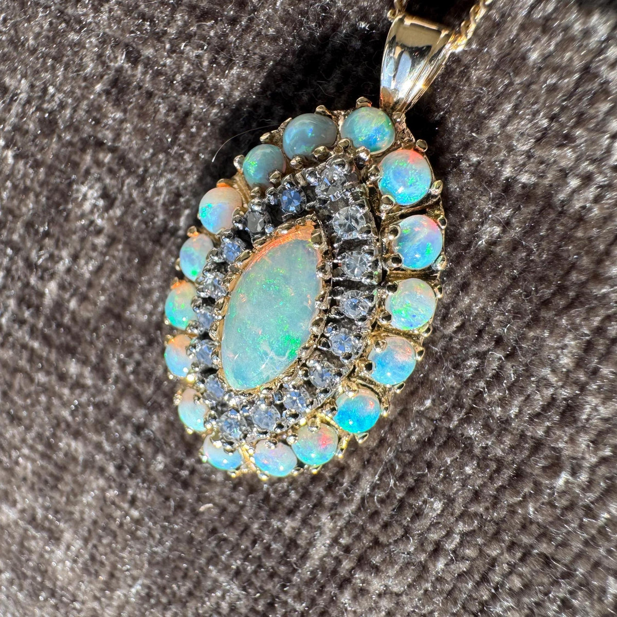 Vintage Australian Opal & Old Cut Diamond Cluster Pendant Necklace 14k Yellow and White Gold