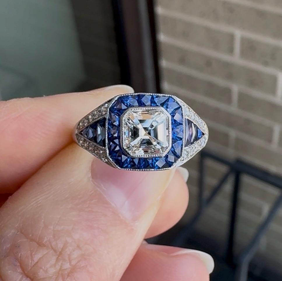 Vintage Art Deco Style Platinum Asscher Cut Diamond Sapphire Halo Ring