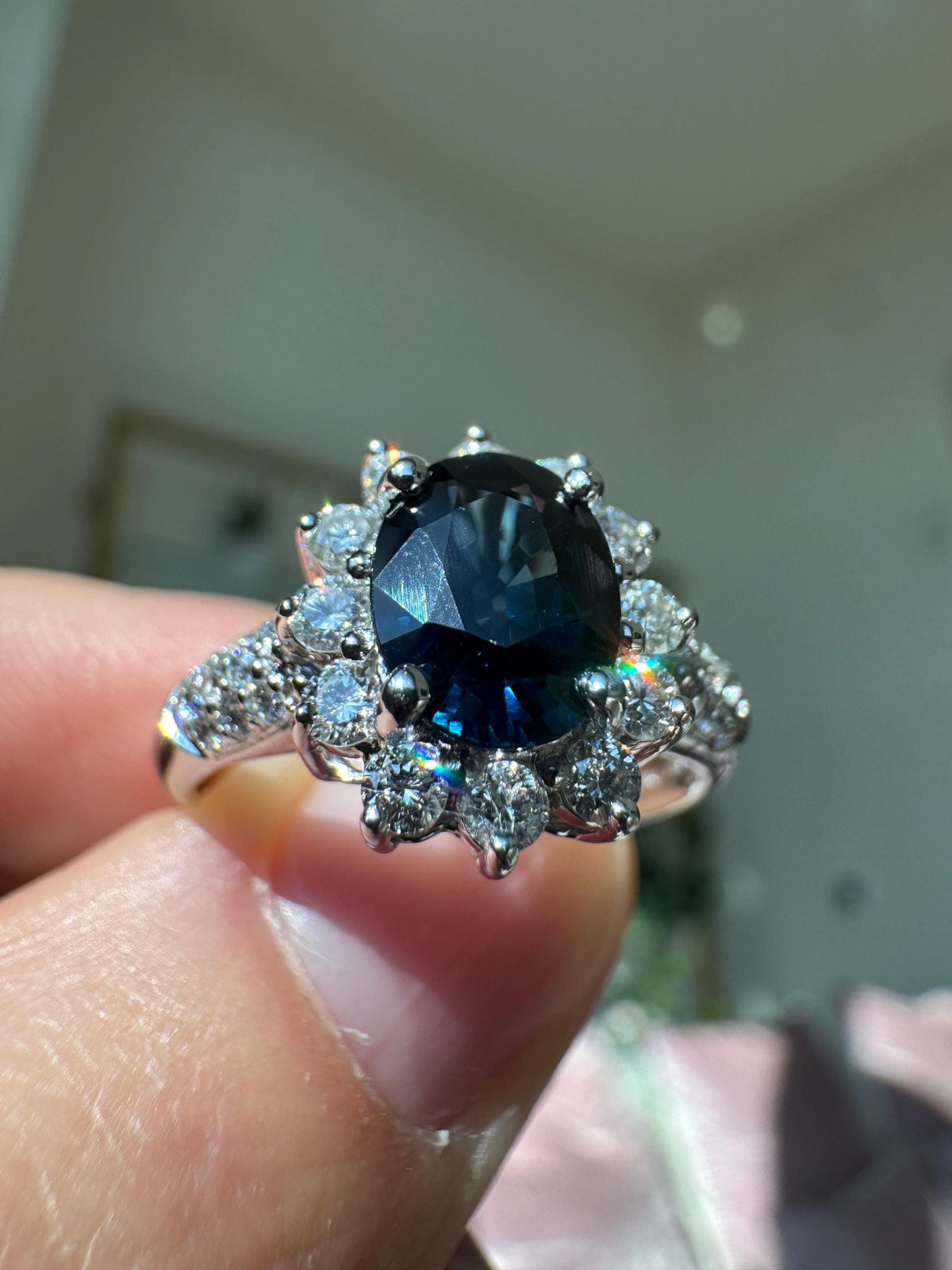 Vintage Oval Sapphire Diamond 14k White Gold Cocktail Ring | Estate Cluster Halo Ring