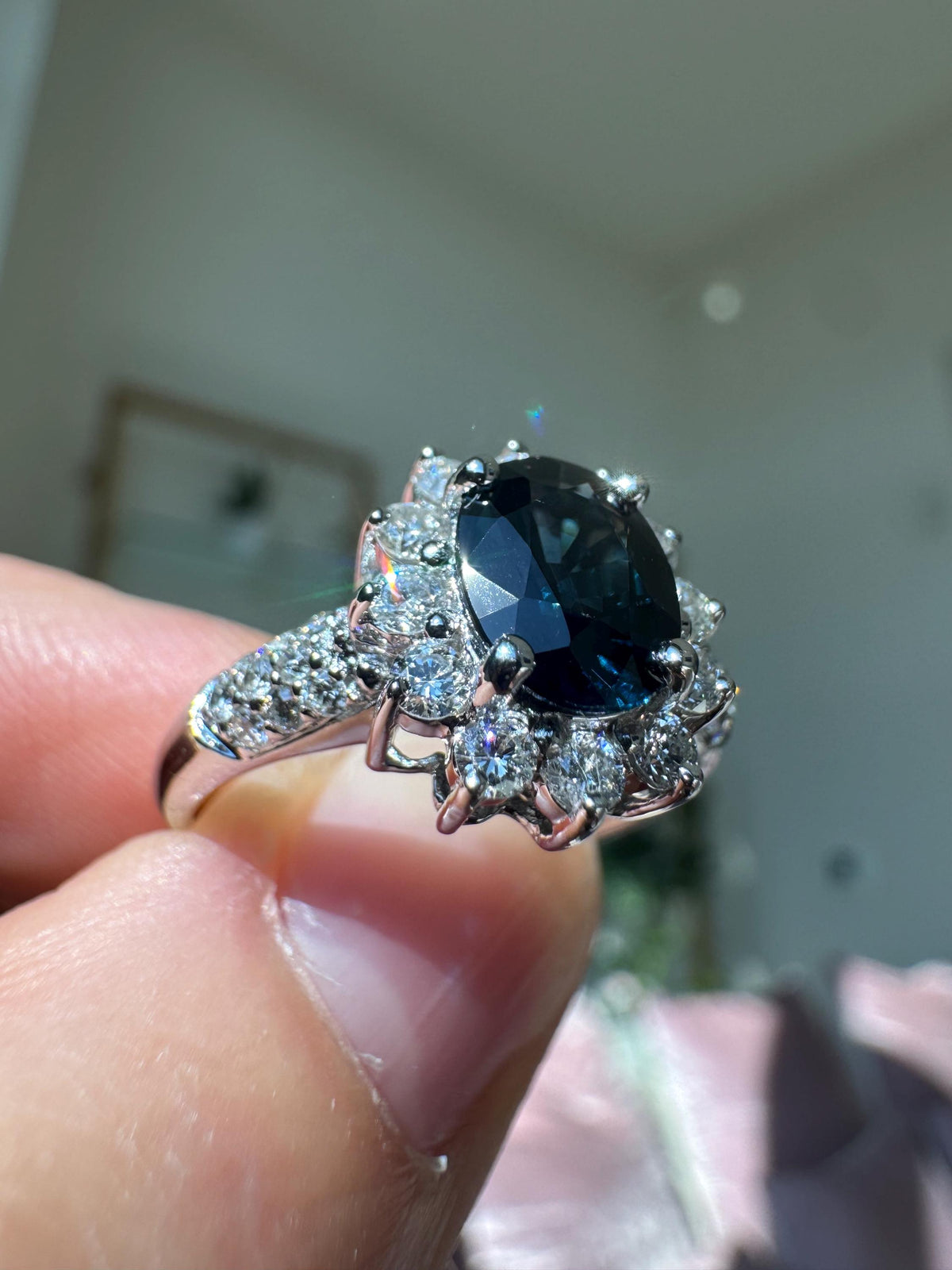 Vintage Oval Sapphire Diamond 14k White Gold Cocktail Ring | Estate Cluster Halo Ring