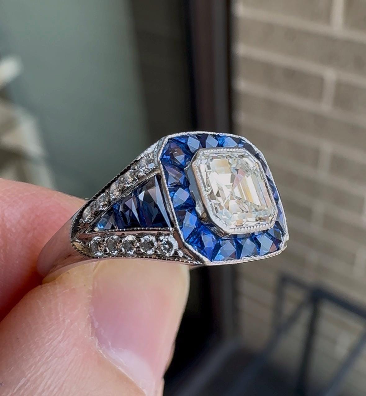 Vintage Art Deco Style Platinum Asscher Cut Diamond Sapphire Halo Ring