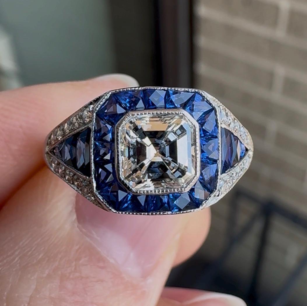 Vintage Art Deco Style Platinum Asscher Cut Diamond Sapphire Halo Ring