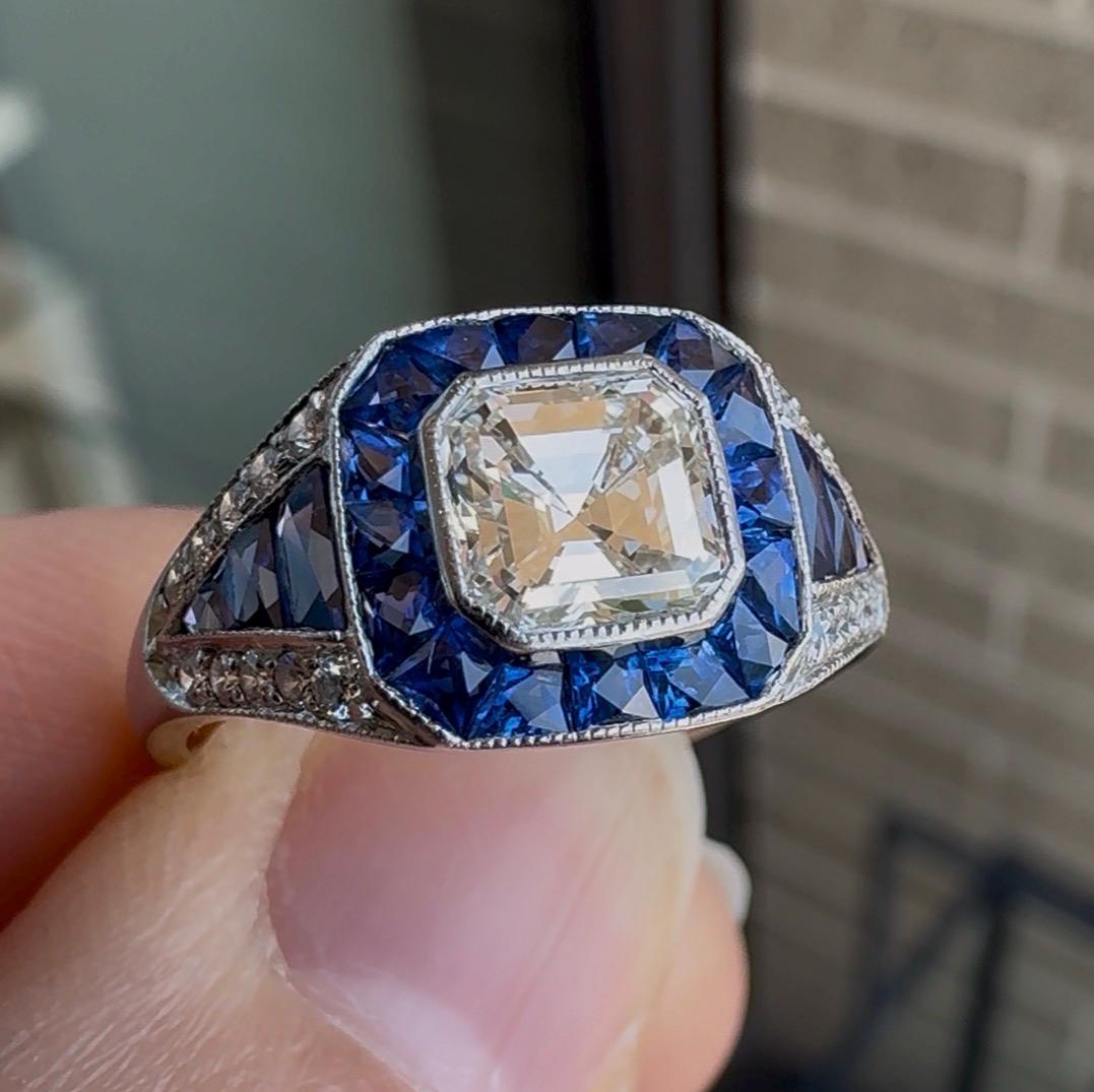 Vintage Art Deco Style Platinum Asscher Cut Diamond Sapphire Halo Ring