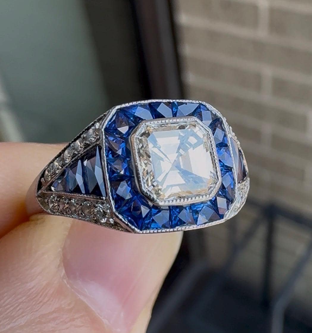 Vintage Art Deco Style Platinum Asscher Cut Diamond Sapphire Halo Ring