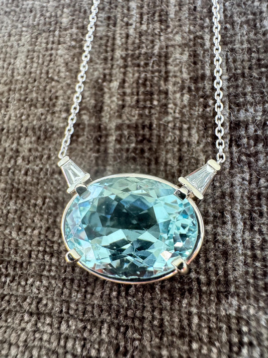 14K Solid White Gold Natural Aquamarine and Diamond Necklace