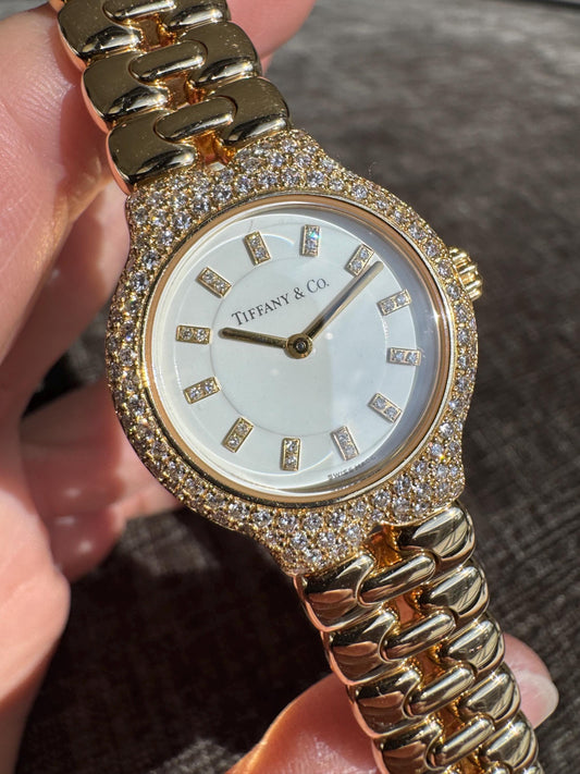 Vintage Tiffany & Co Tesoro Diamond Watch 18K Yellow Gold Swiss Made Luxury Women’s Bracelet Watch Estate Tiffany Jewelry