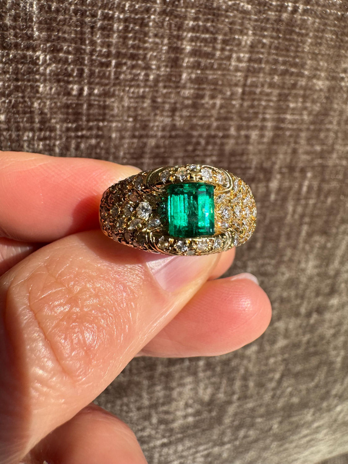 GIA Colombian Emerald Diamond Ring 18K Yellow Gold | Emerald Cut Pavé Statement Rhodium Ring