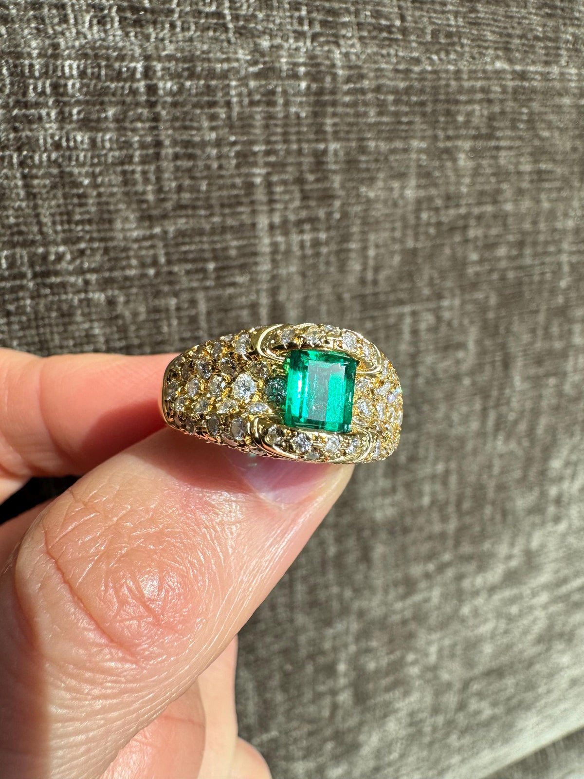 GIA Colombian Emerald Diamond Ring 18K Yellow Gold | Emerald Cut Pavé Statement Rhodium Ring