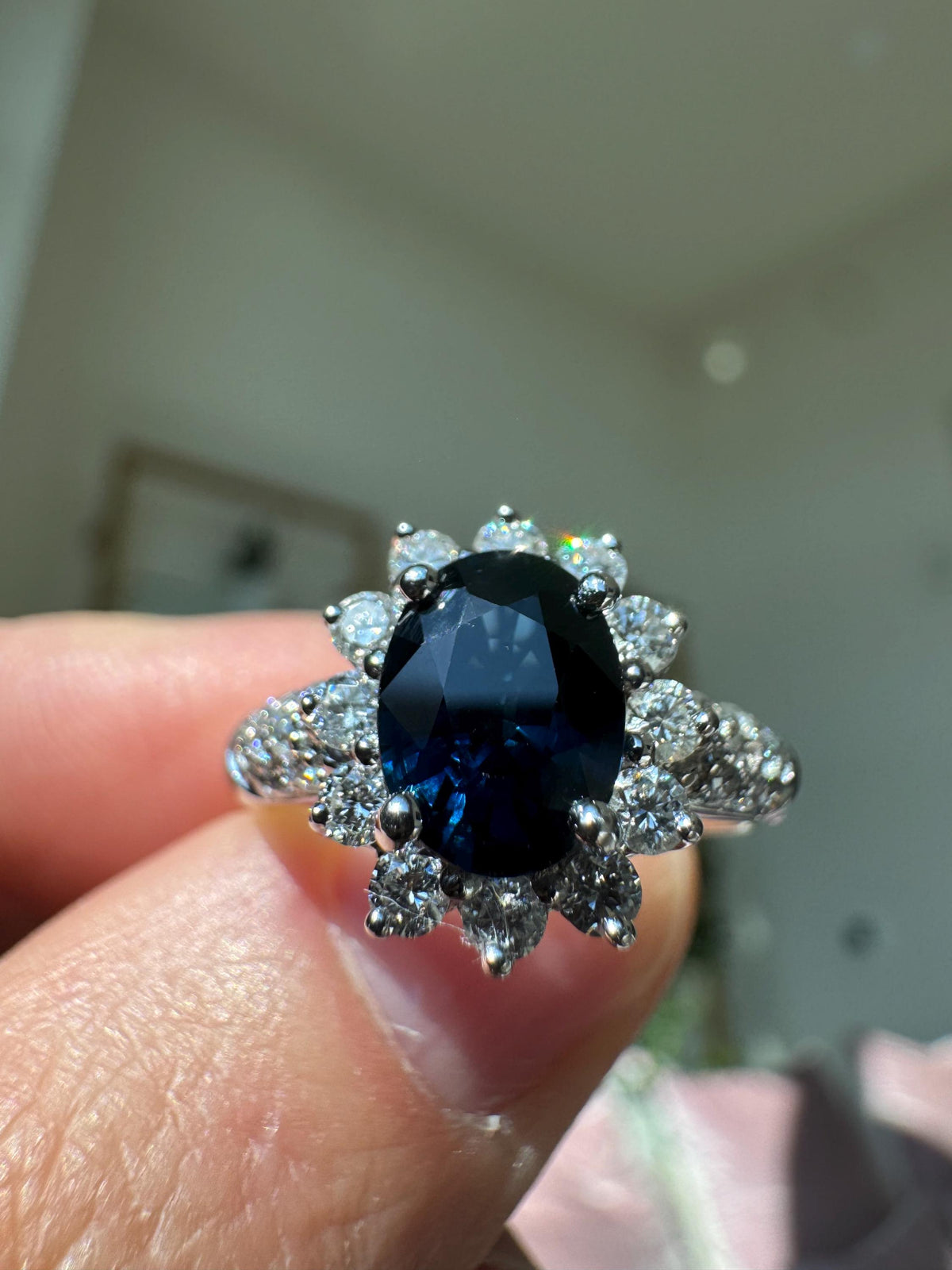 Vintage Oval Sapphire Diamond 14k White Gold Cocktail Ring | Estate Cluster Halo Ring