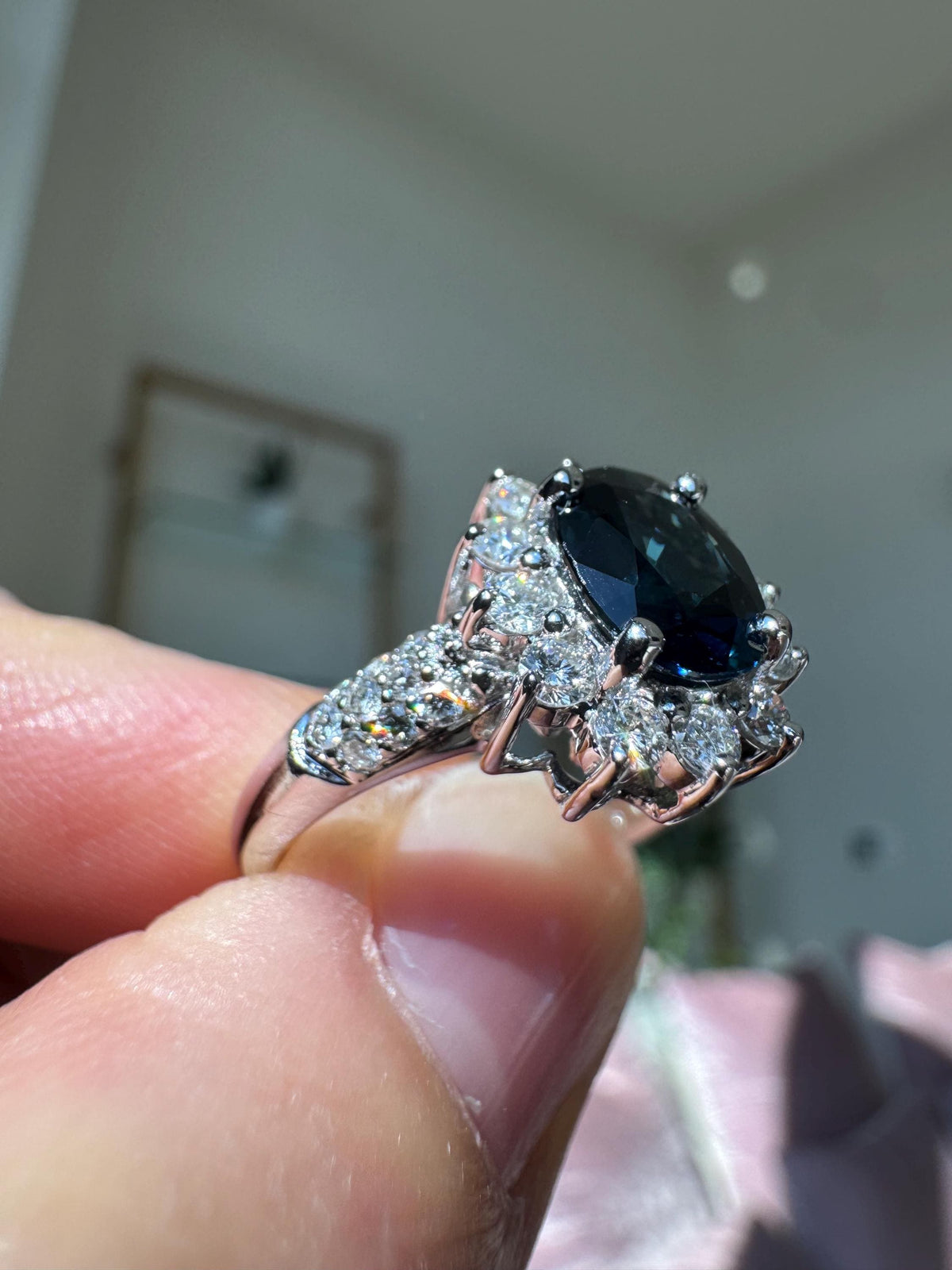 Vintage Oval Sapphire Diamond 14k White Gold Cocktail Ring | Estate Cluster Halo Ring