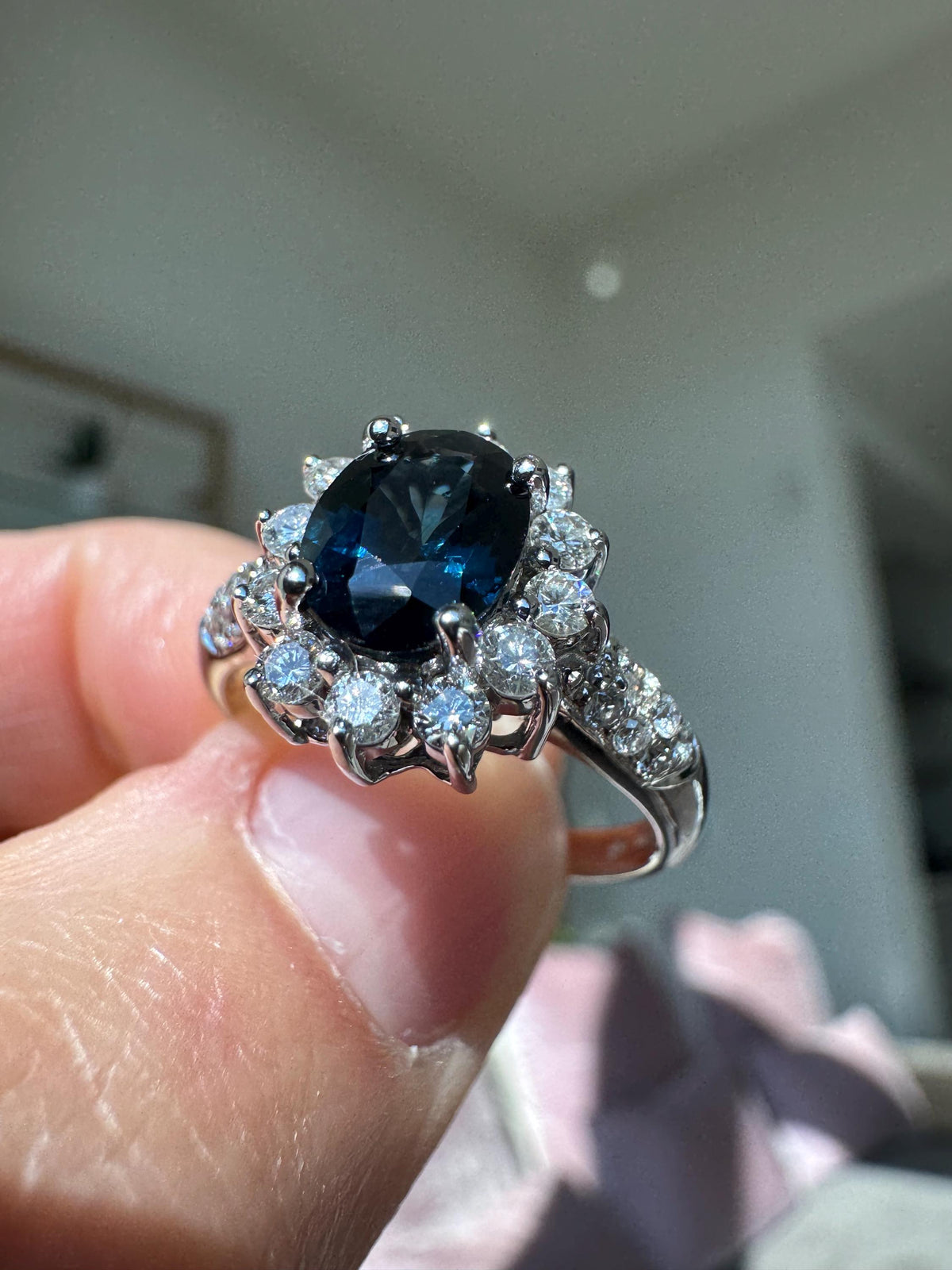 Vintage Oval Sapphire Diamond 14k White Gold Cocktail Ring | Estate Cluster Halo Ring