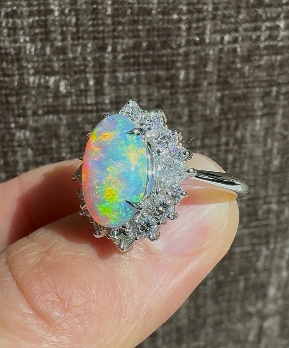 Vintage Platinum Australian 2.05 Opal & 0.99 Diamond Halo Ring