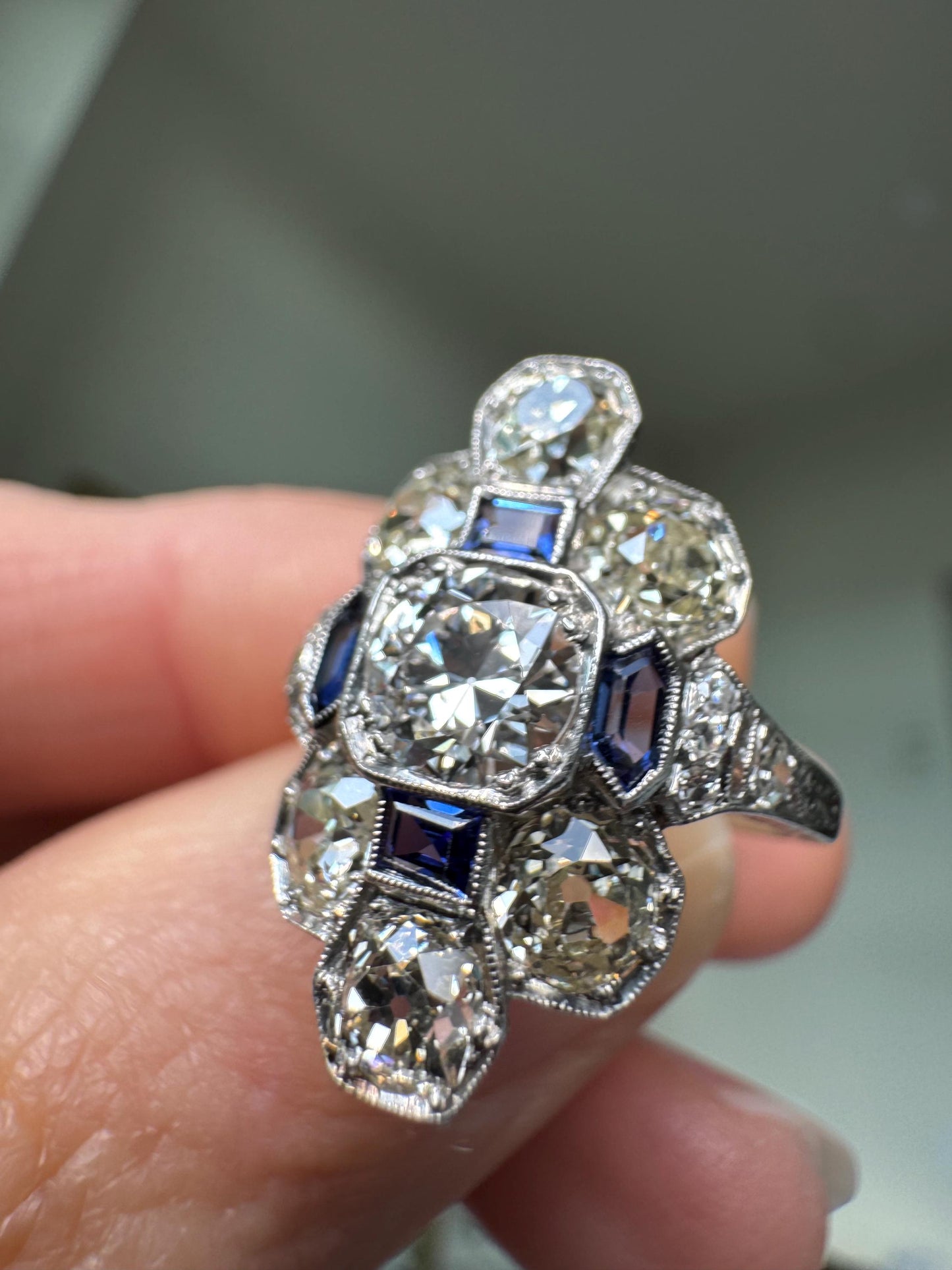 Antique Platinum Art Deco 3.02 CTW Old European Cut Diamond & Sapphire Ring