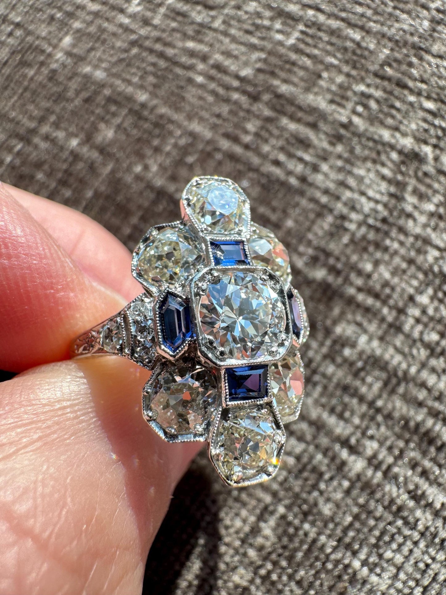 Antique Platinum Art Deco 3.02 CTW Old European Cut Diamond & Sapphire Ring