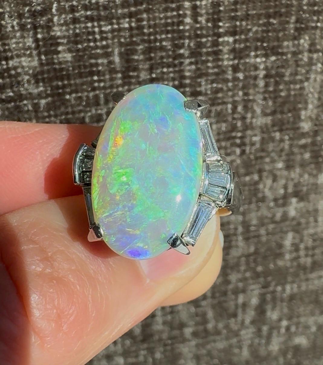 Platinum 4.65 Carat Natural Australian Opal & 0.54 Diamond Ring