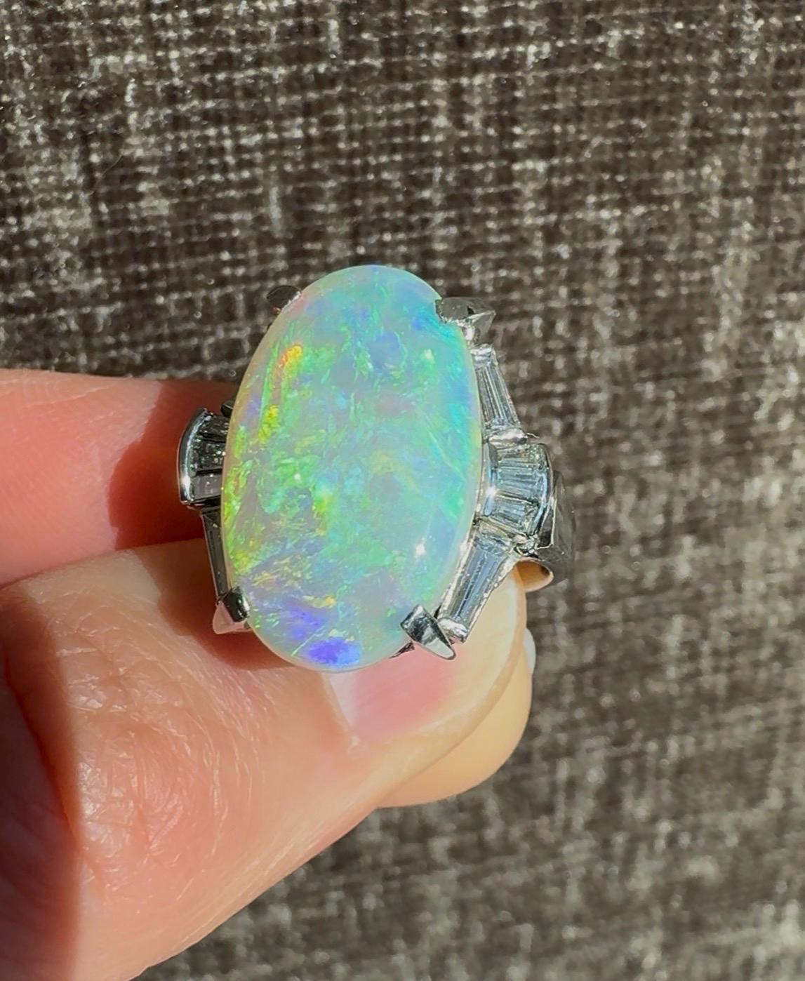 Platinum 4.65 Carat Natural Australian Opal & 0.54 Diamond Ring