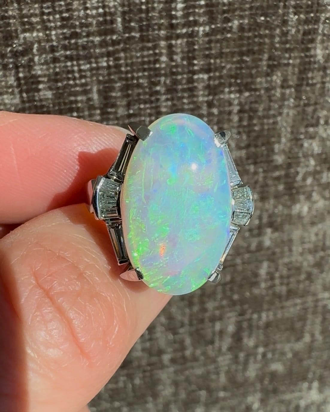 Platinum 4.65 Carat Natural Australian Opal & 0.54 Diamond Ring