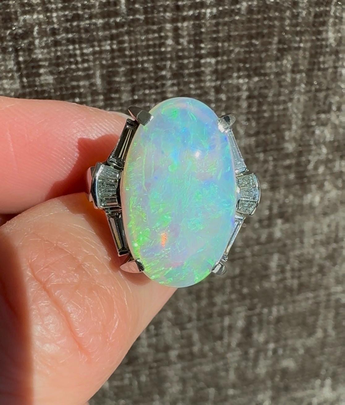 Platinum 4.65 Carat Natural Australian Opal & 0.54 Diamond Ring