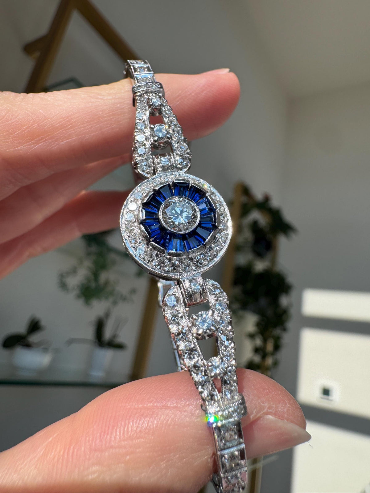 Art Deco Platinum Old European Cut Diamond & Calibre Cut Sapphire Bracelet