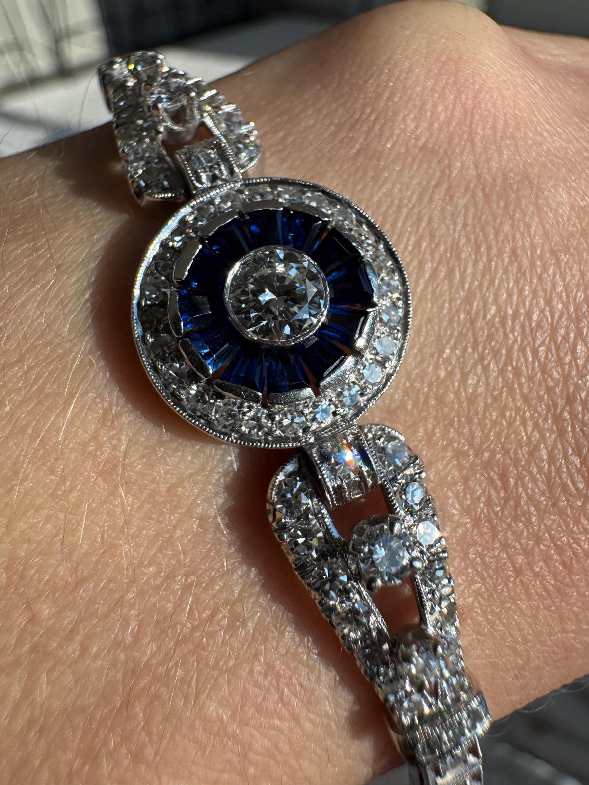 Art Deco Platinum Old European Cut Diamond & Calibre Cut Sapphire Bracelet