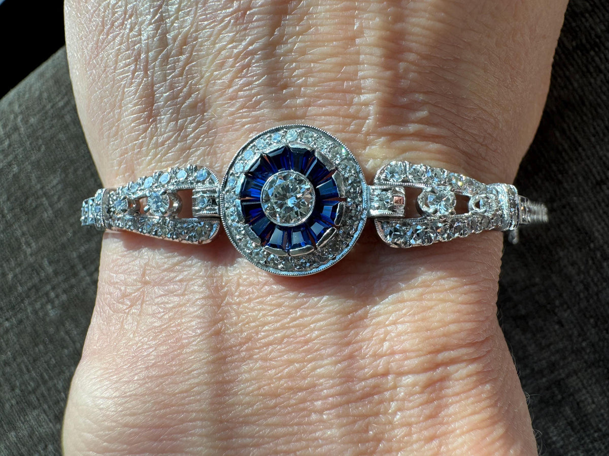Art Deco Platinum Old European Cut Diamond & Calibre Cut Sapphire Bracelet