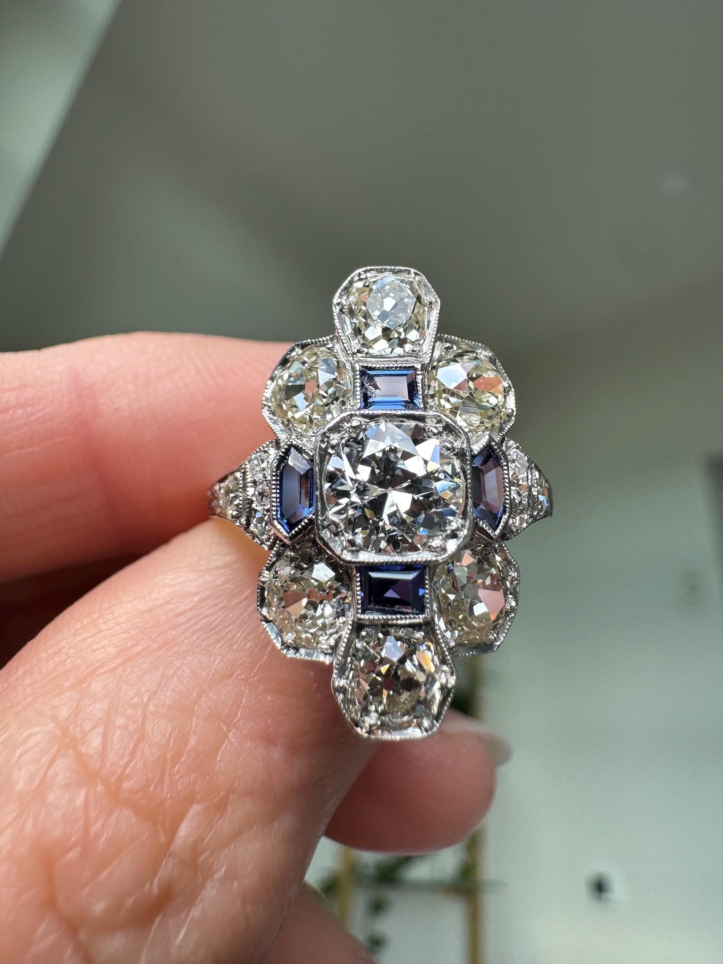 Antique Platinum Art Deco 3.02 CTW Old European Cut Diamond & Sapphire Ring