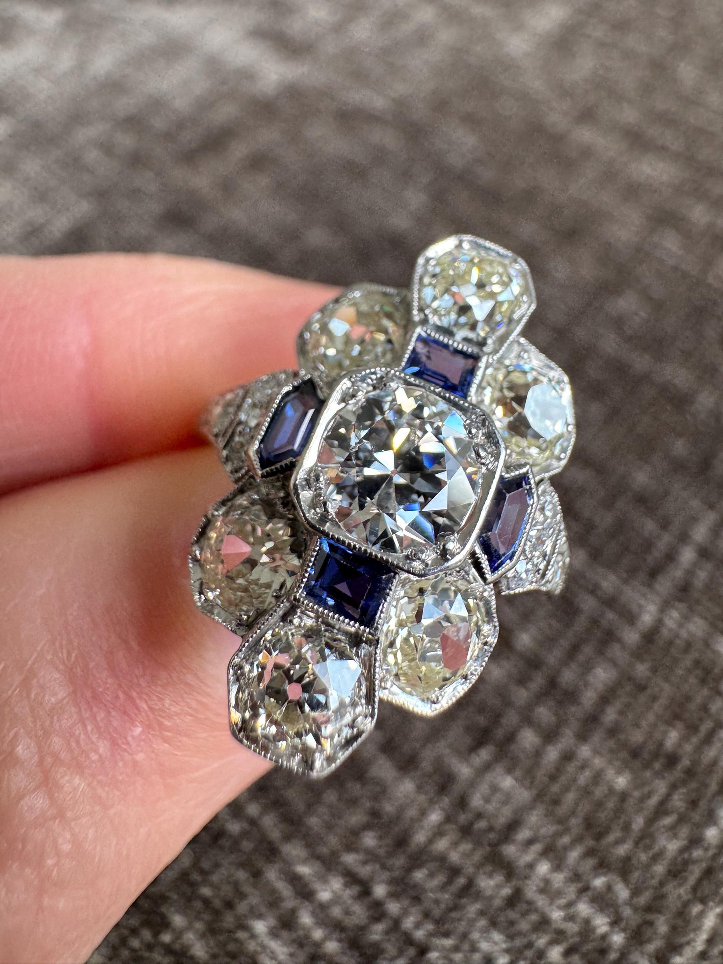 Antique Platinum Art Deco 3.02 CTW Old European Cut Diamond & Sapphire Ring