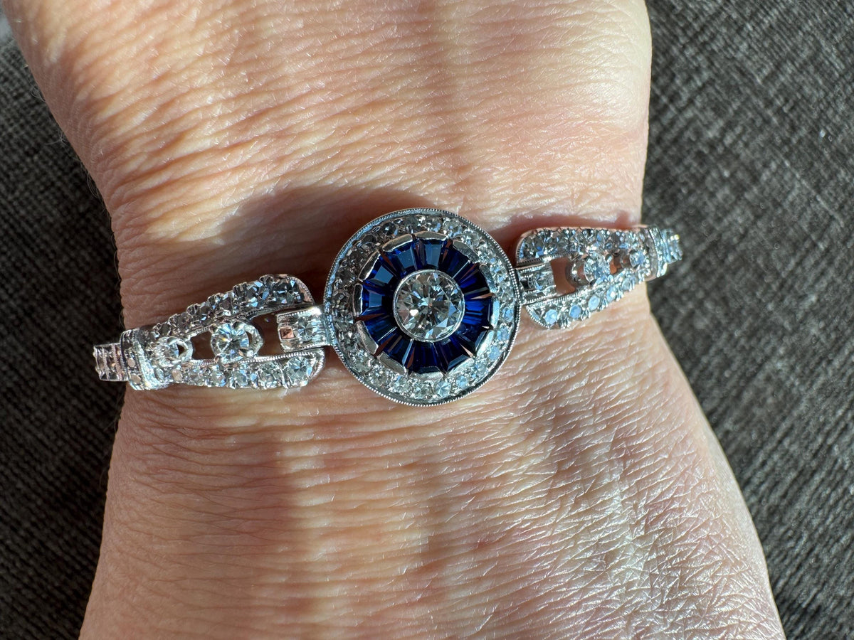 Art Deco Platinum Old European Cut Diamond & Calibre Cut Sapphire Bracelet