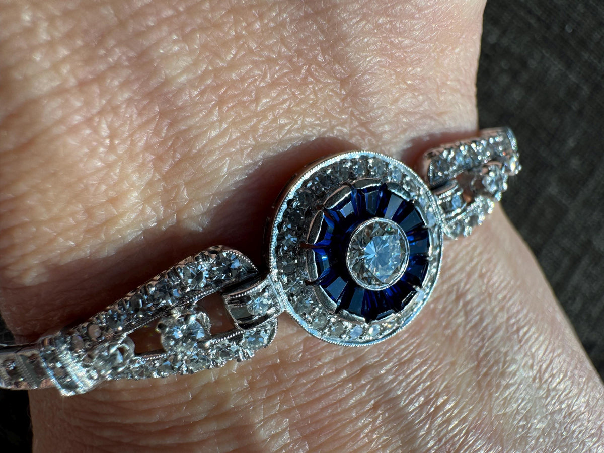Art Deco Platinum Old European Cut Diamond & Calibre Cut Sapphire Bracelet