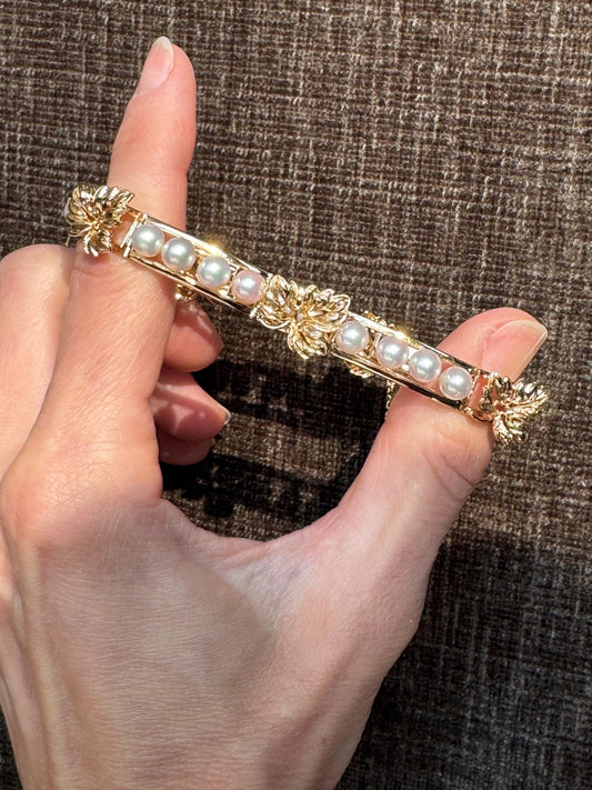Vintage Mikimoto 14K Gold Cultured Pearl Grape Leaf Bracelet