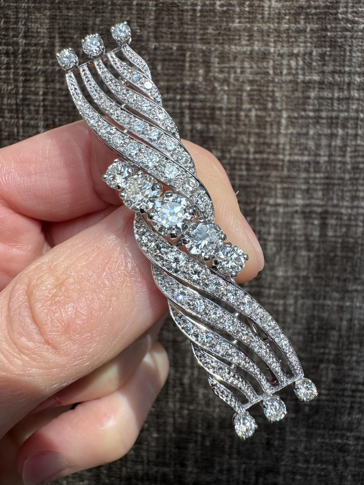 Vintage Platinum Diamond Ribbon Brooch | 4.21 CTW Natural Diamonds | Estate Fine Jewelry | Art Deco Revival