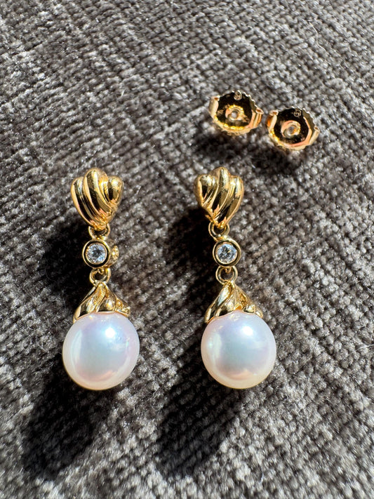 Vintage Mikimoto 18K Yellow Gold Pearl & Diamond Drop Earrings | Circa 1980s | 8mm Cultured Pearls