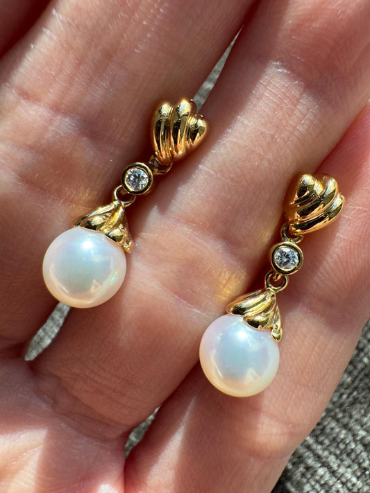 Vintage Mikimoto 18K Yellow Gold Pearl & Diamond Drop Earrings | Circa 1980s | 8mm Cultured Pearls