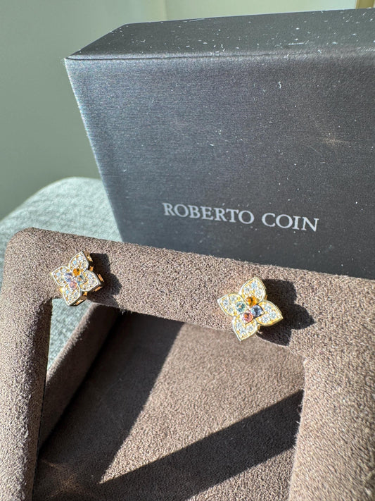 Roberto Coin Venetian Princess Carnival Earrings | 18K Rose Gold Diamond Mixed Gemstone Flower Studs